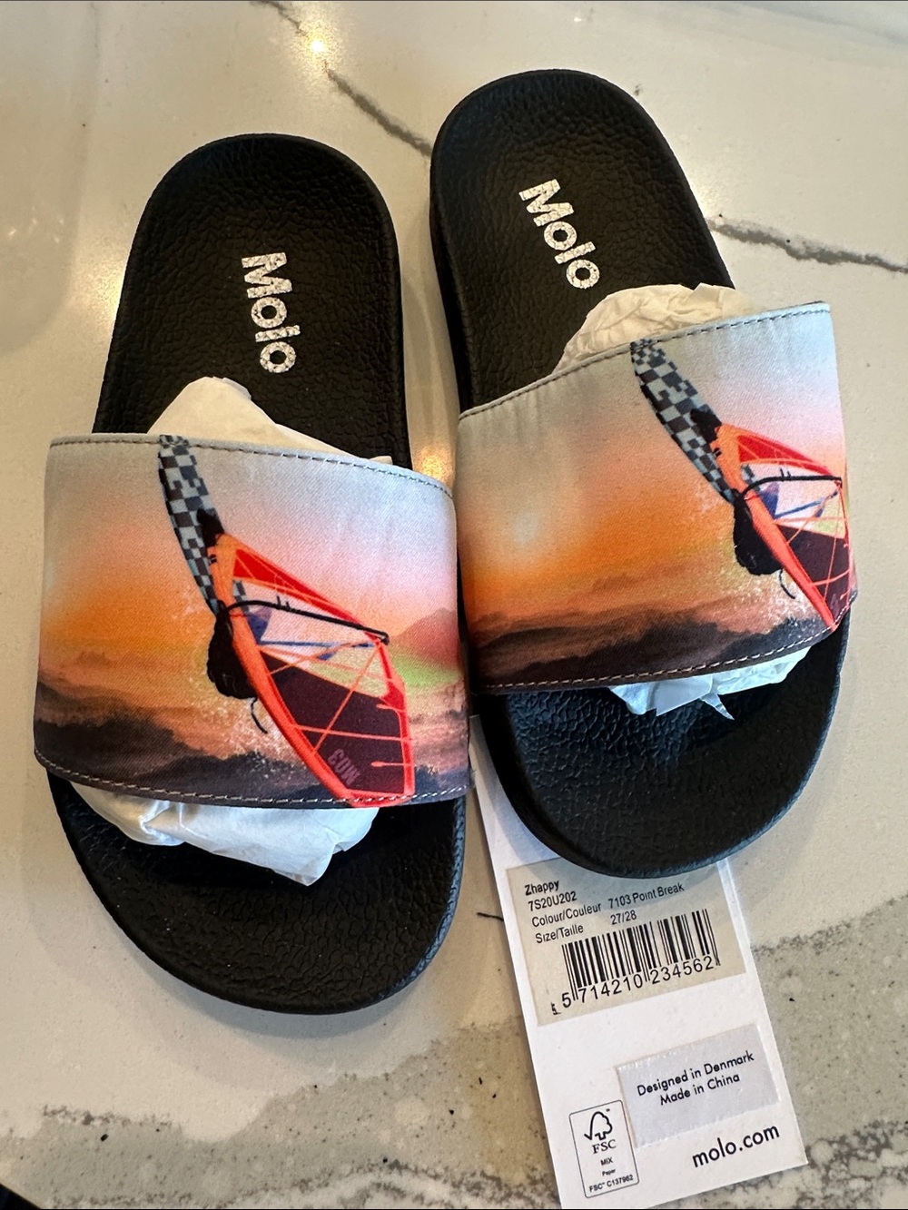 Molo Black Slide Sandals with Orange and Pink Windsurf Print